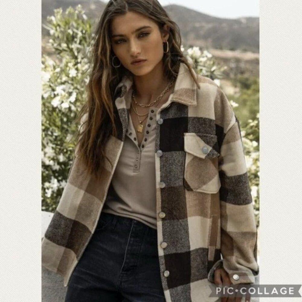 Bohme Women's Brown Plaid Flannel Oversized Shacket Size S